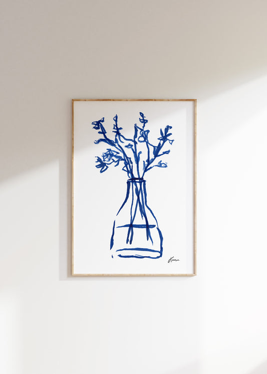 Abstract Botanical Painting, Blue Lines Flower Poster Midcentury Modern Art