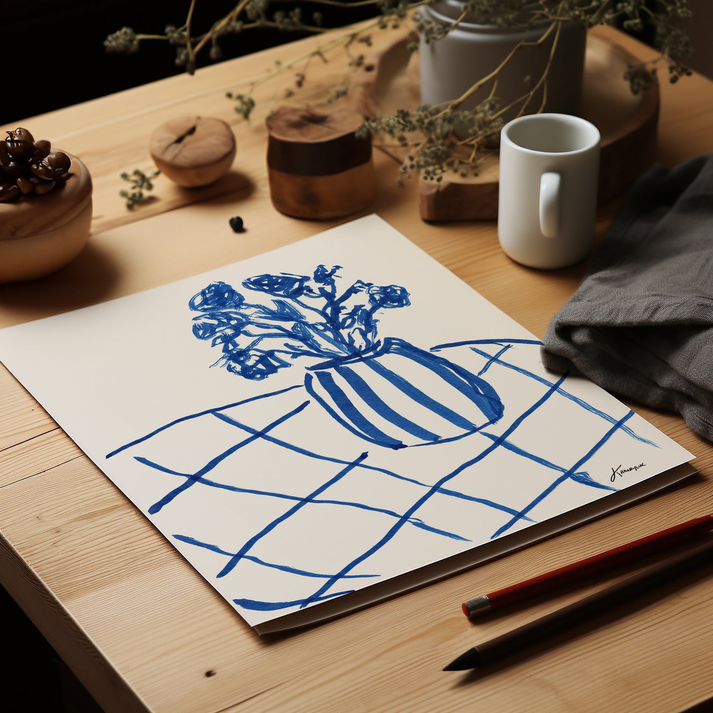 Blue Floral Painting on Table - Print