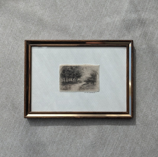 Charcoal Landscape on Raw Canvas - Vintage Frame