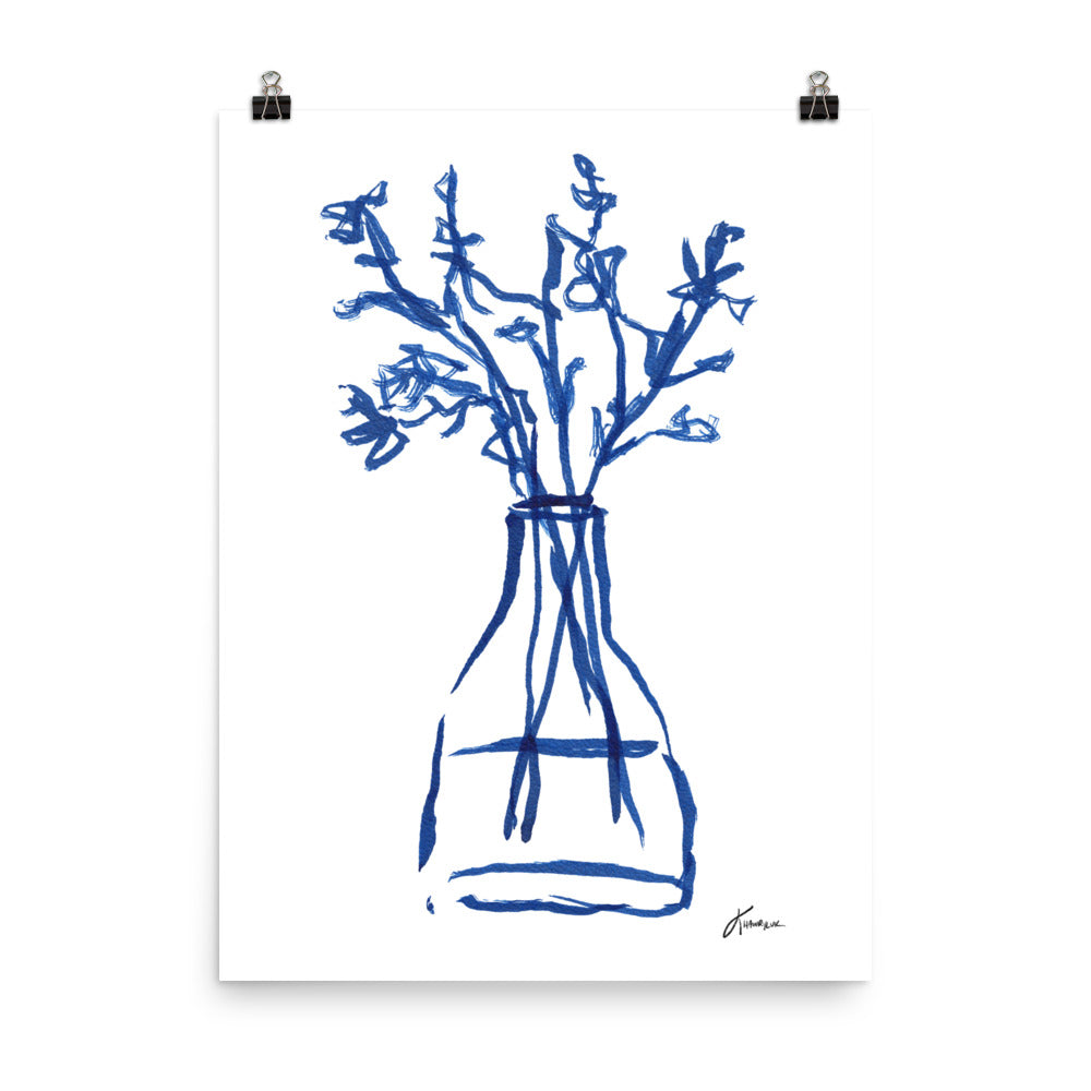 Abstract Botanical Painting, Blue Lines Flower Poster Midcentury Modern Art