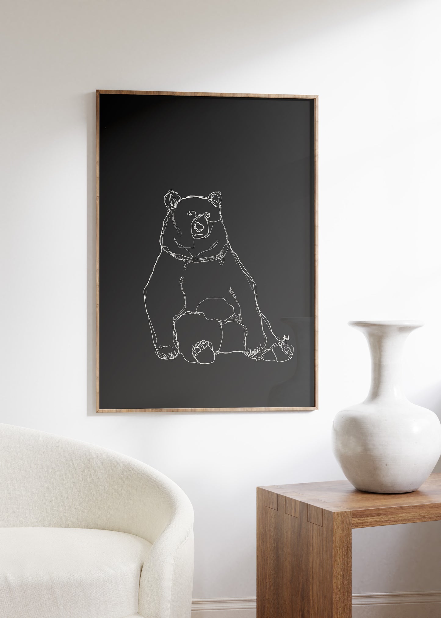 Sitting Bear White Line Drawing with Black Background Print
