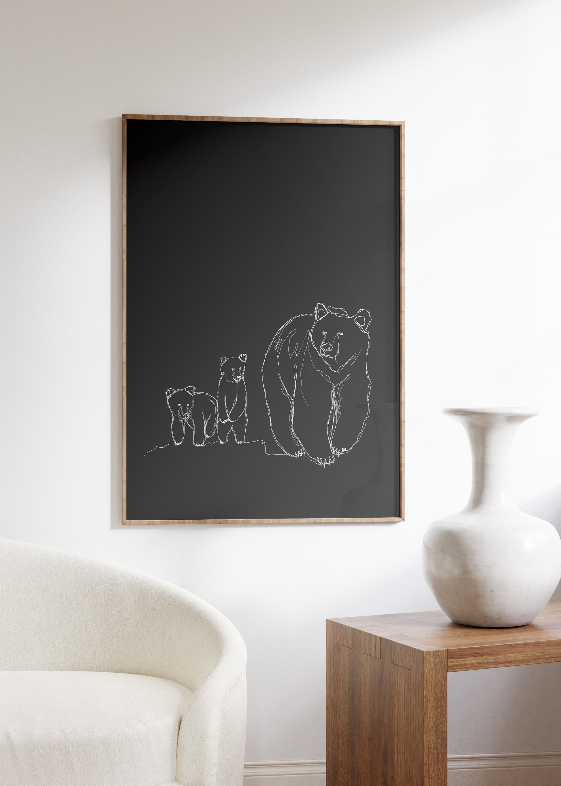 mama bear and cubs black and white line art framed in wood