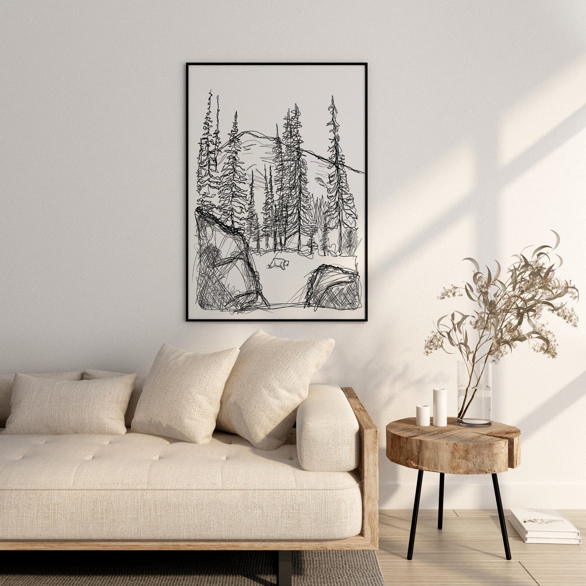large black and white living room decor, artwork is line drawing of a bear in the mountains
