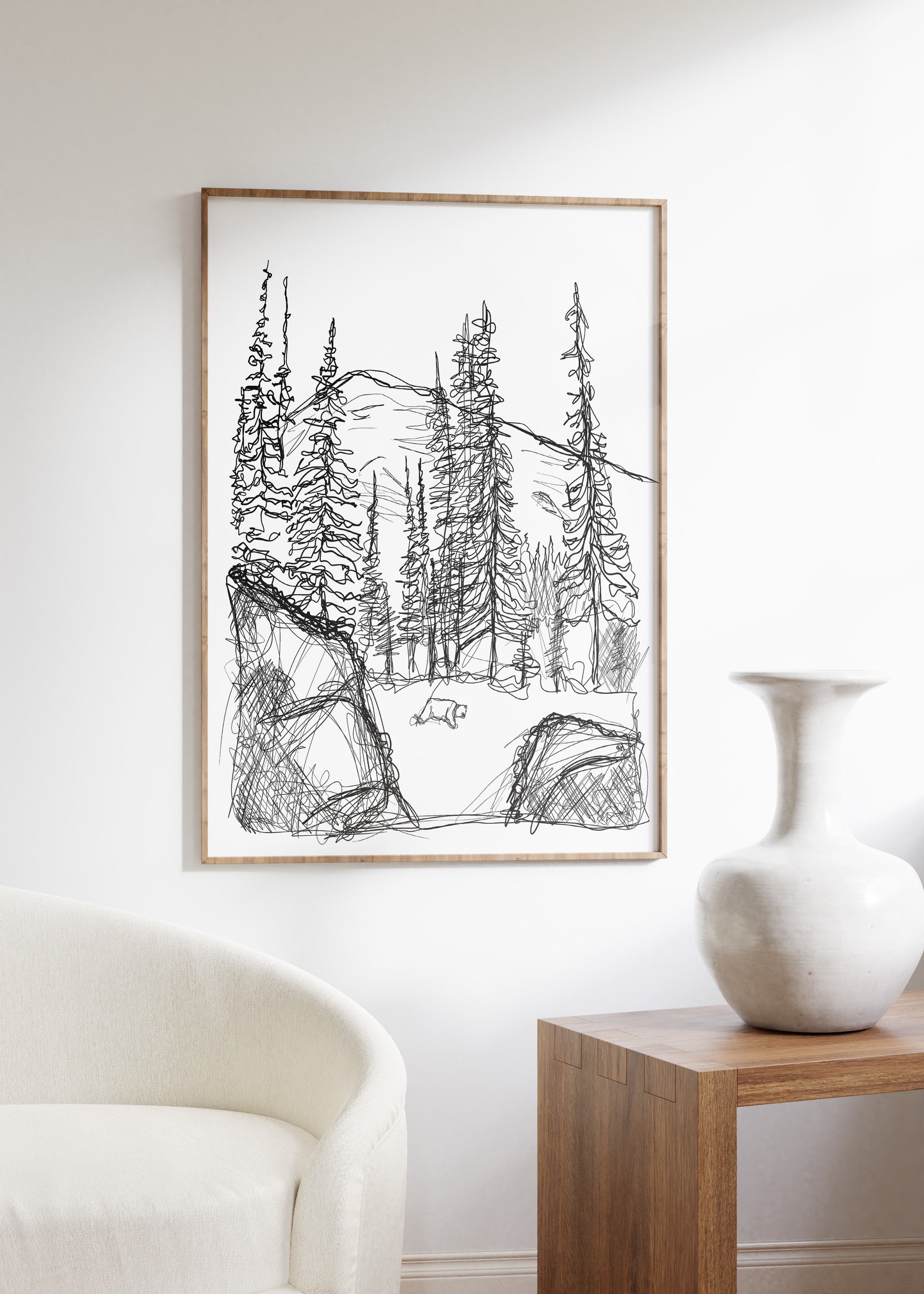 bear line art, one line drawing, mountain line art, mountain wall art, bear wall art, minimalist line art, bear print, rocky mountain wall art, large print in natural wood frame in living room