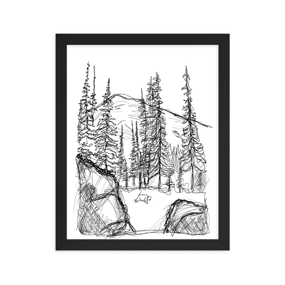 Bear and Mountain line drawing wall art in black frame