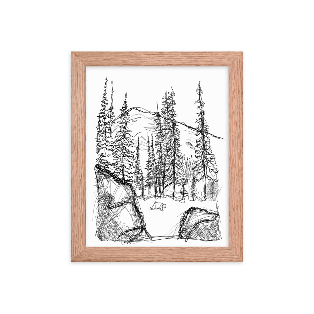 Bear and Mountain line drawing wall art in red oak frame