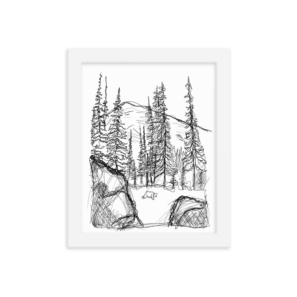 Bear and Mountain line drawing wall art in white frame