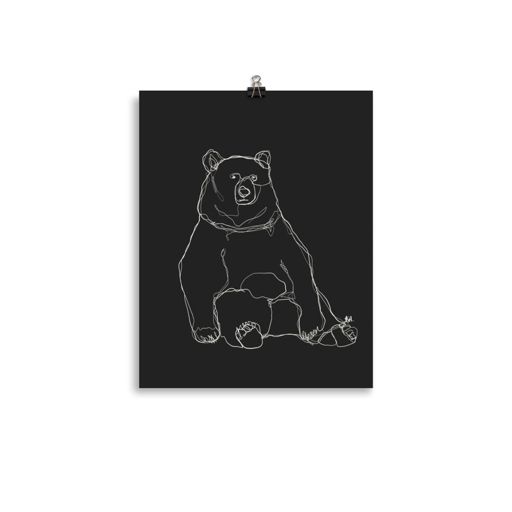 Sitting Bear White Line Drawing with Black Background Print