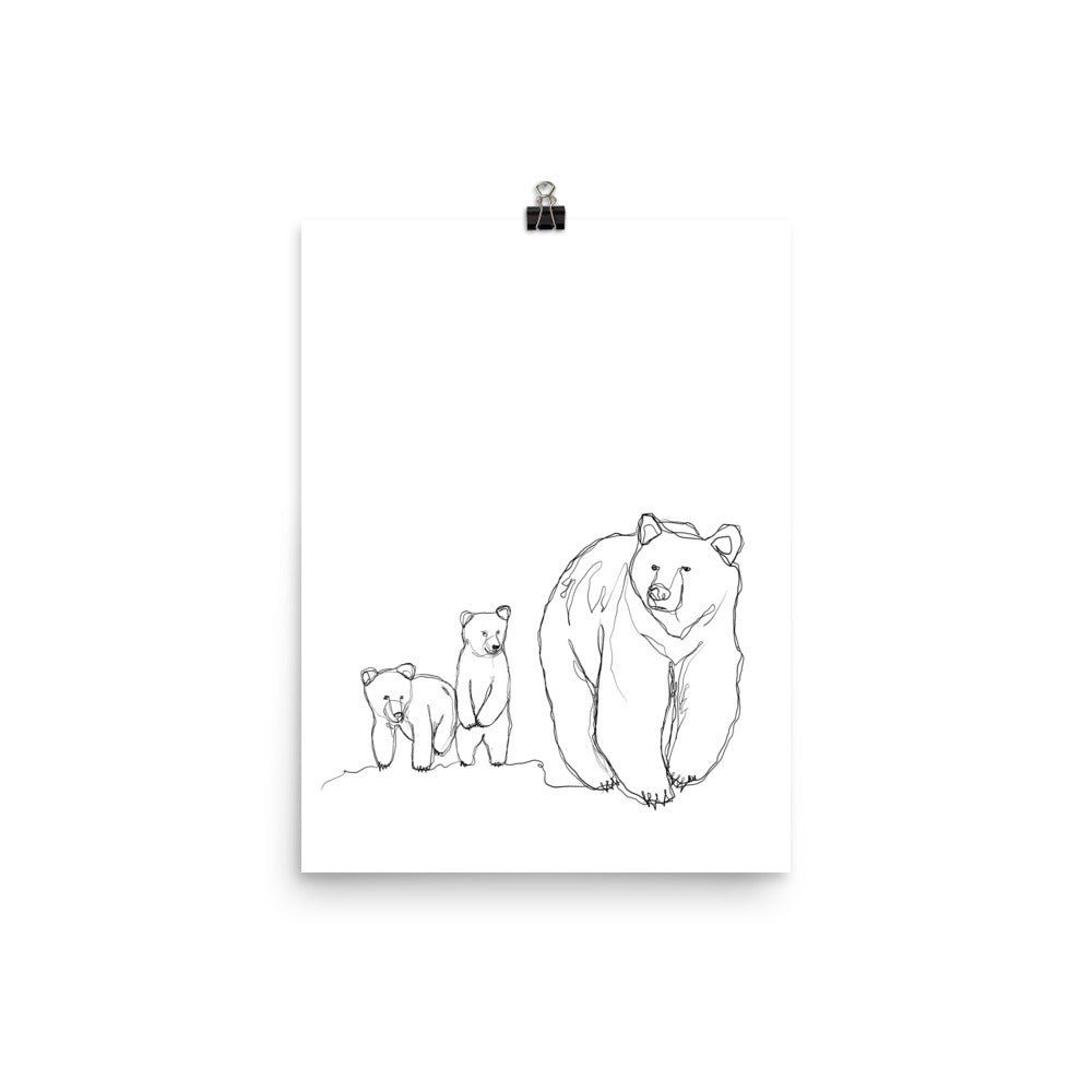 Mama Bear and Cubs Line Drawing Print