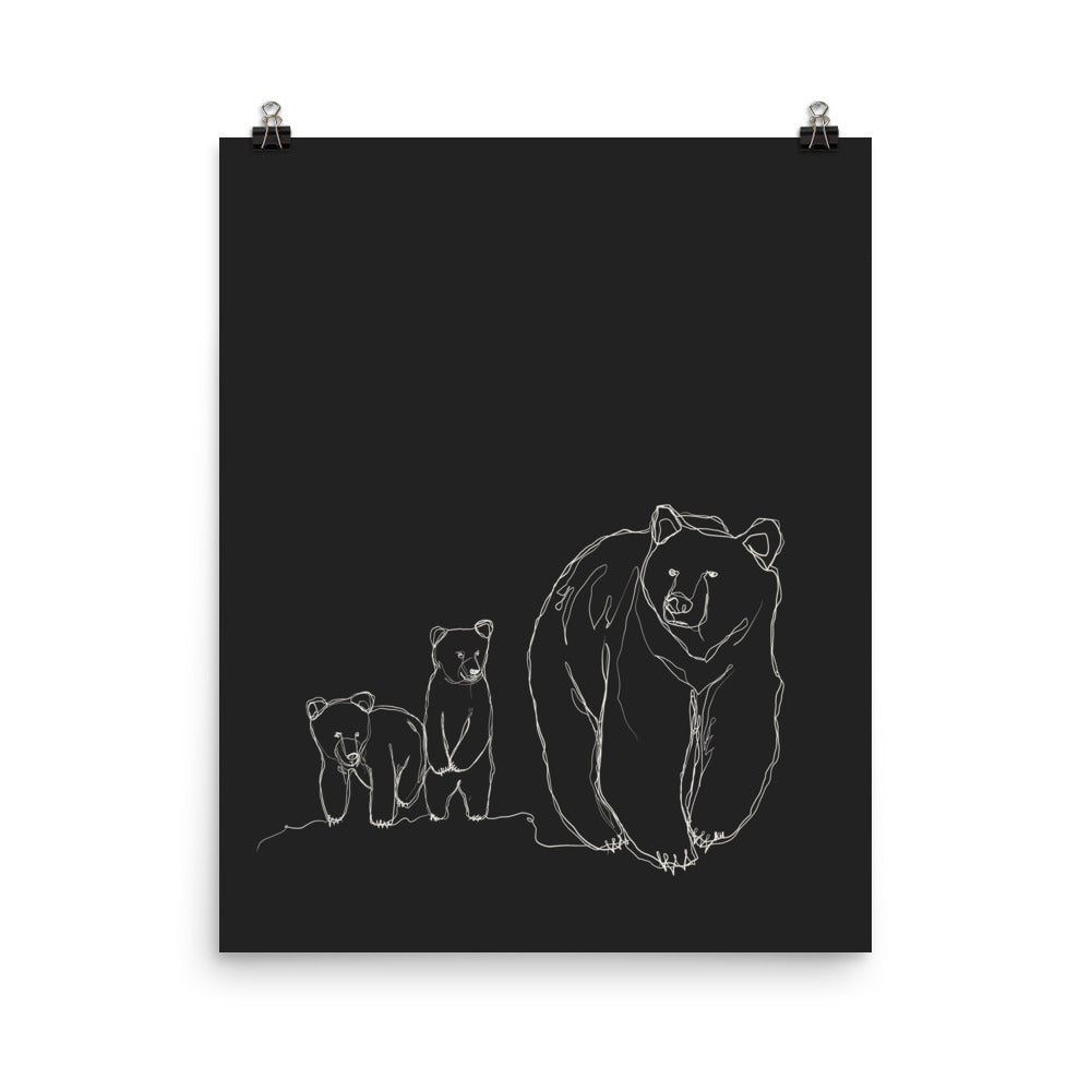 Mama Bear and Cubs Line Art Print (white on black)