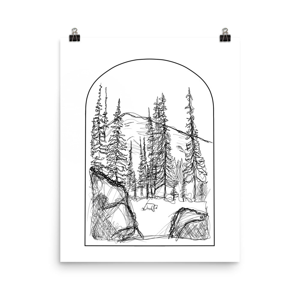 Bear Arch Line Drawing on White Paper Art Print
