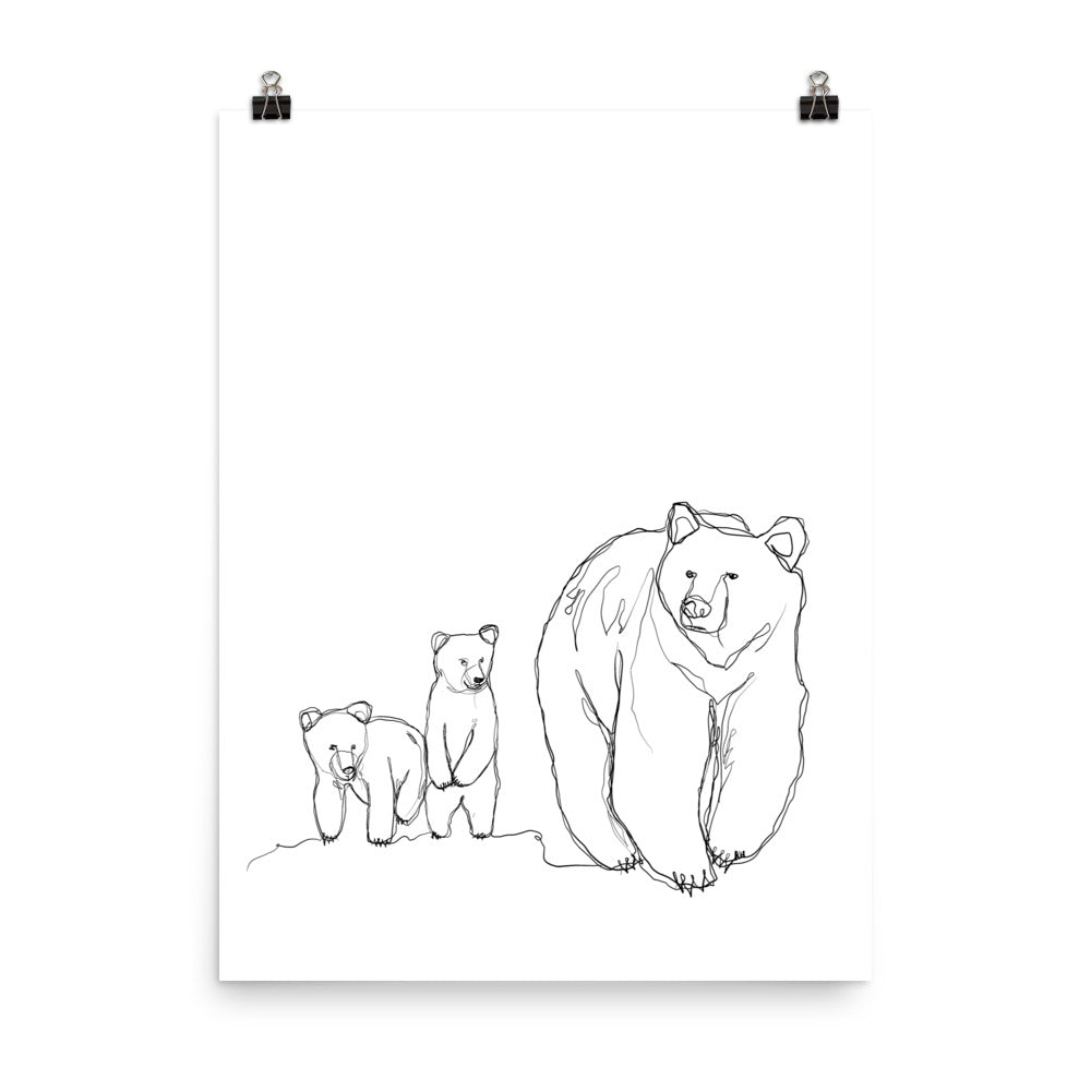 Mama Bear and Cubs Line Drawing Print