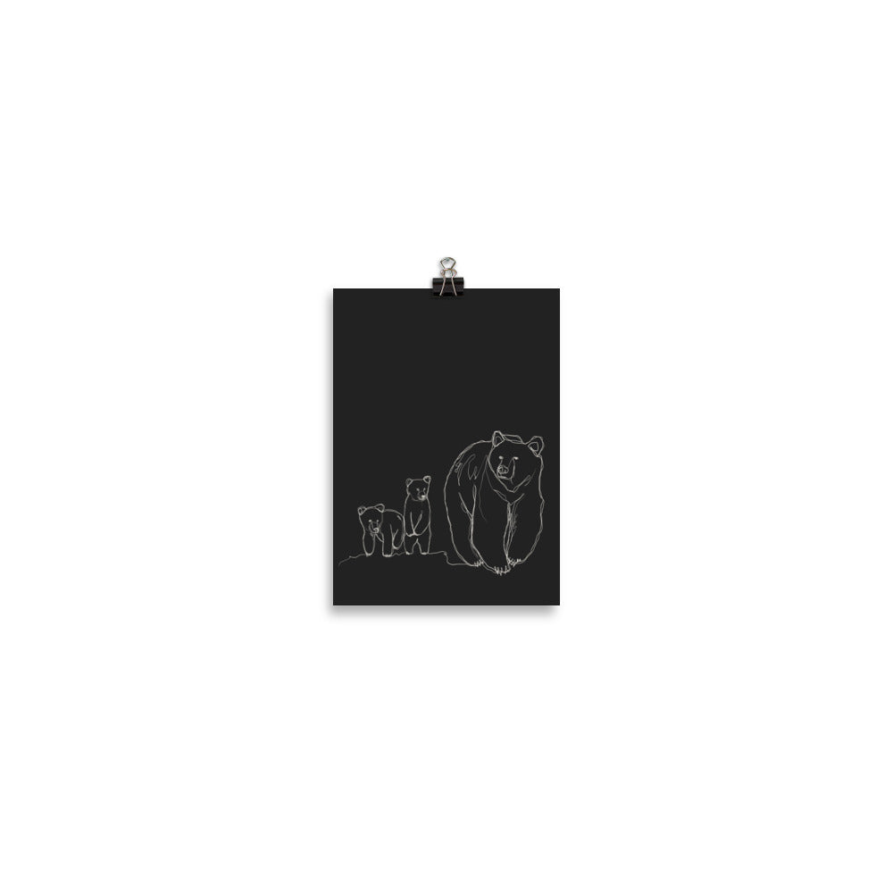 Mama Bear and Cubs Line Art Print (white on black)