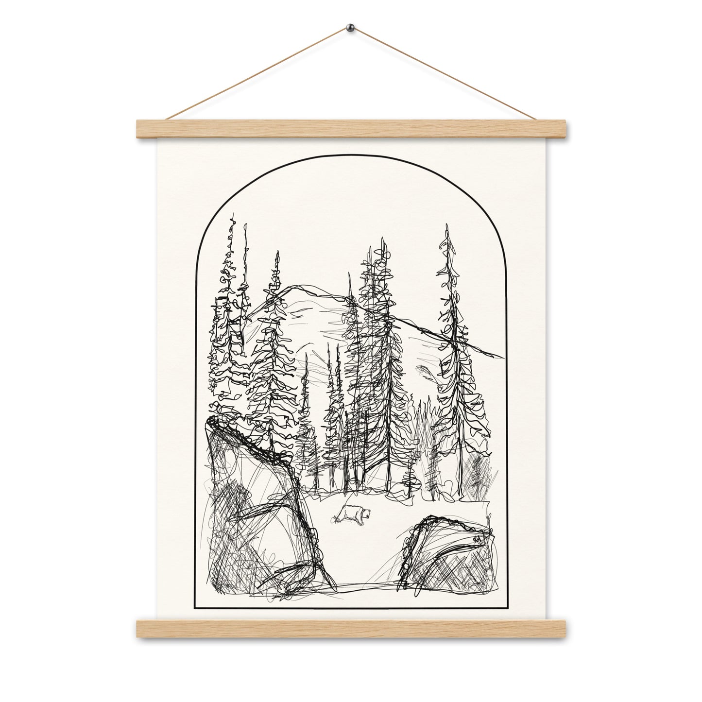 Bear Arch Line Drawing Art Print with Wooden Poster Hanger