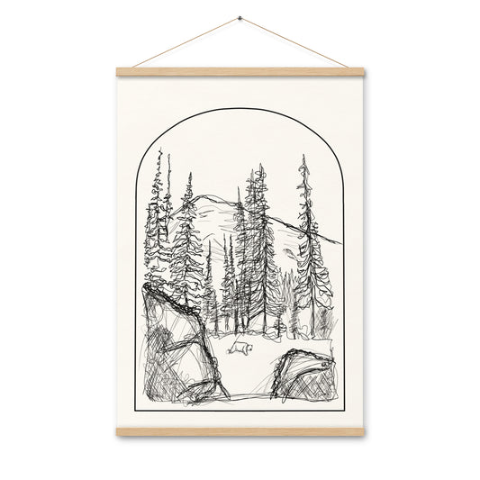 Bear Arch Line Drawing Art Print with Wooden Poster Hanger