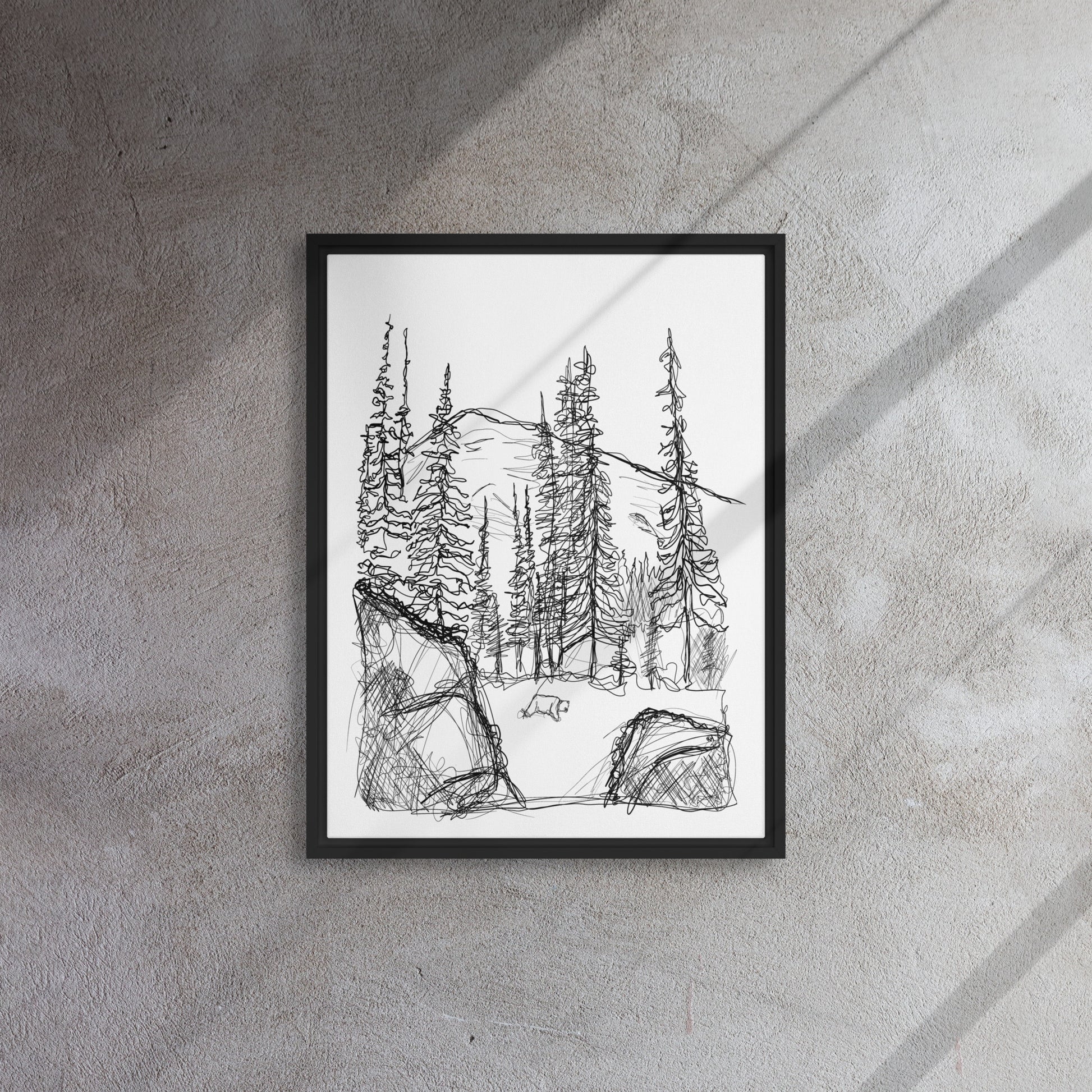 Bear Mountain Line Art Framed Black Canvas
