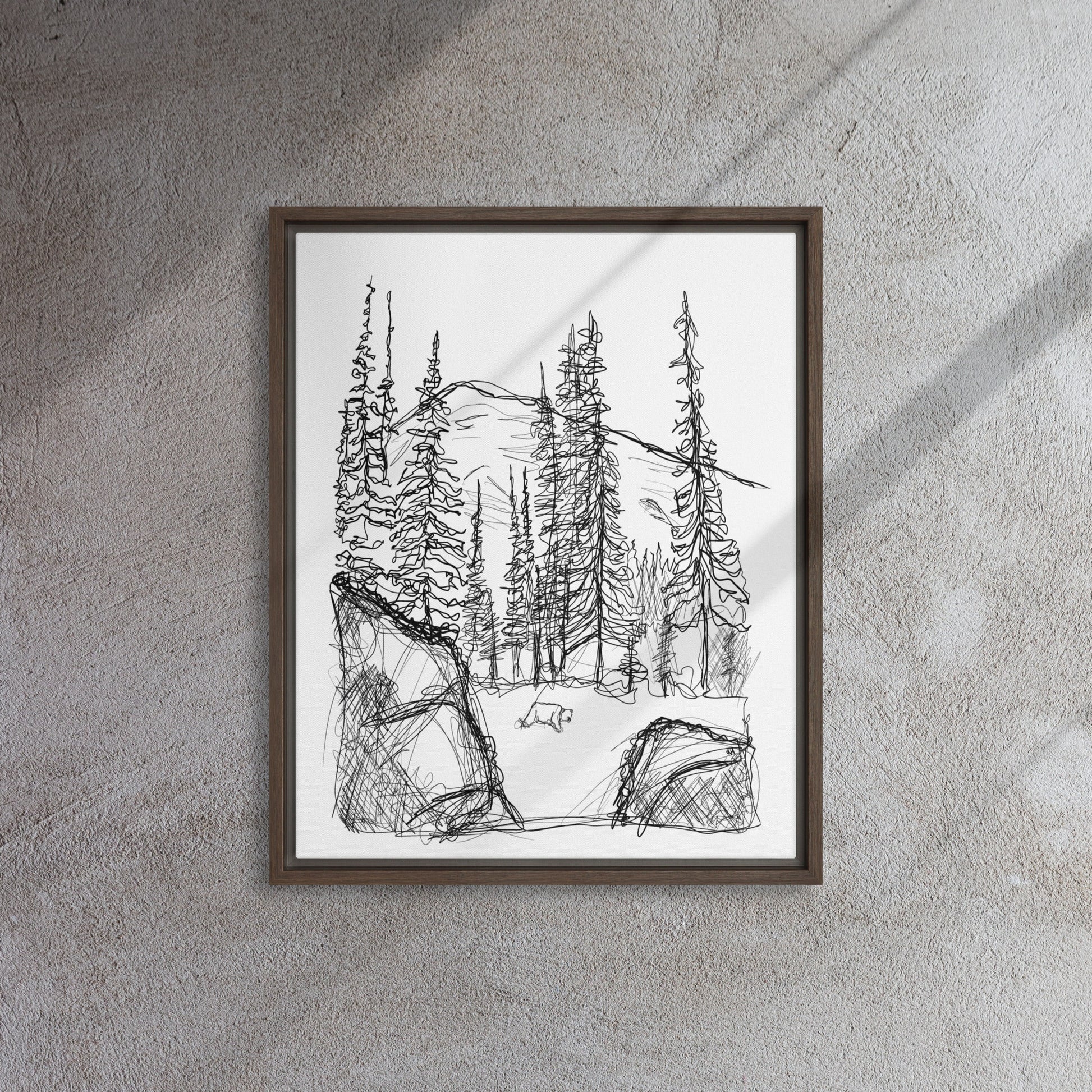 Bear Mountain Line Art Framed Brown Canvas