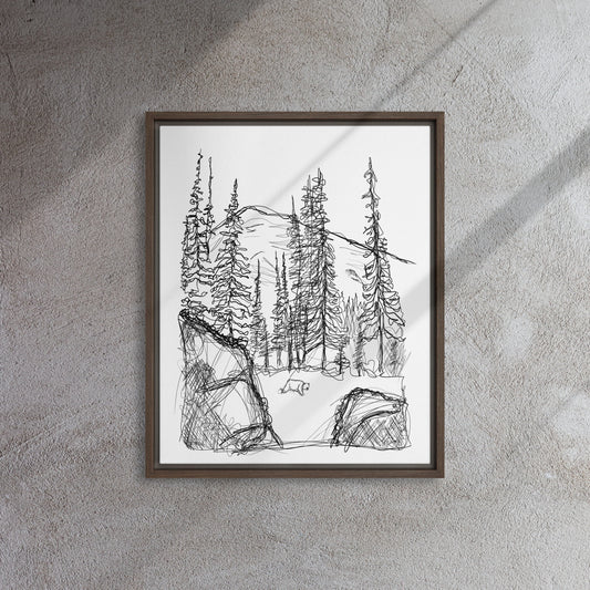 Bear Mountain Line Art Framed Brown Canvas