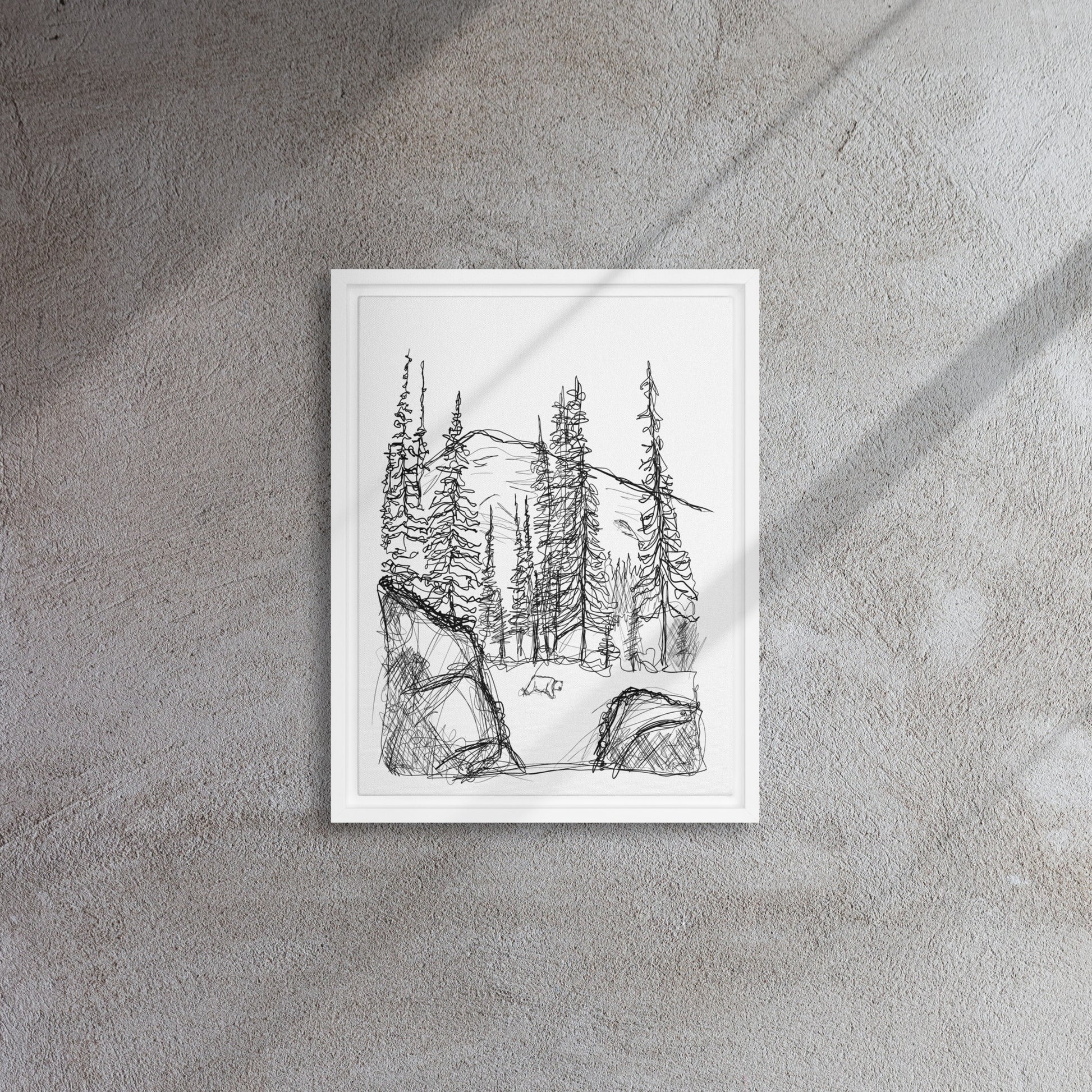 Bear Mountain Line Art Framed White Canvas